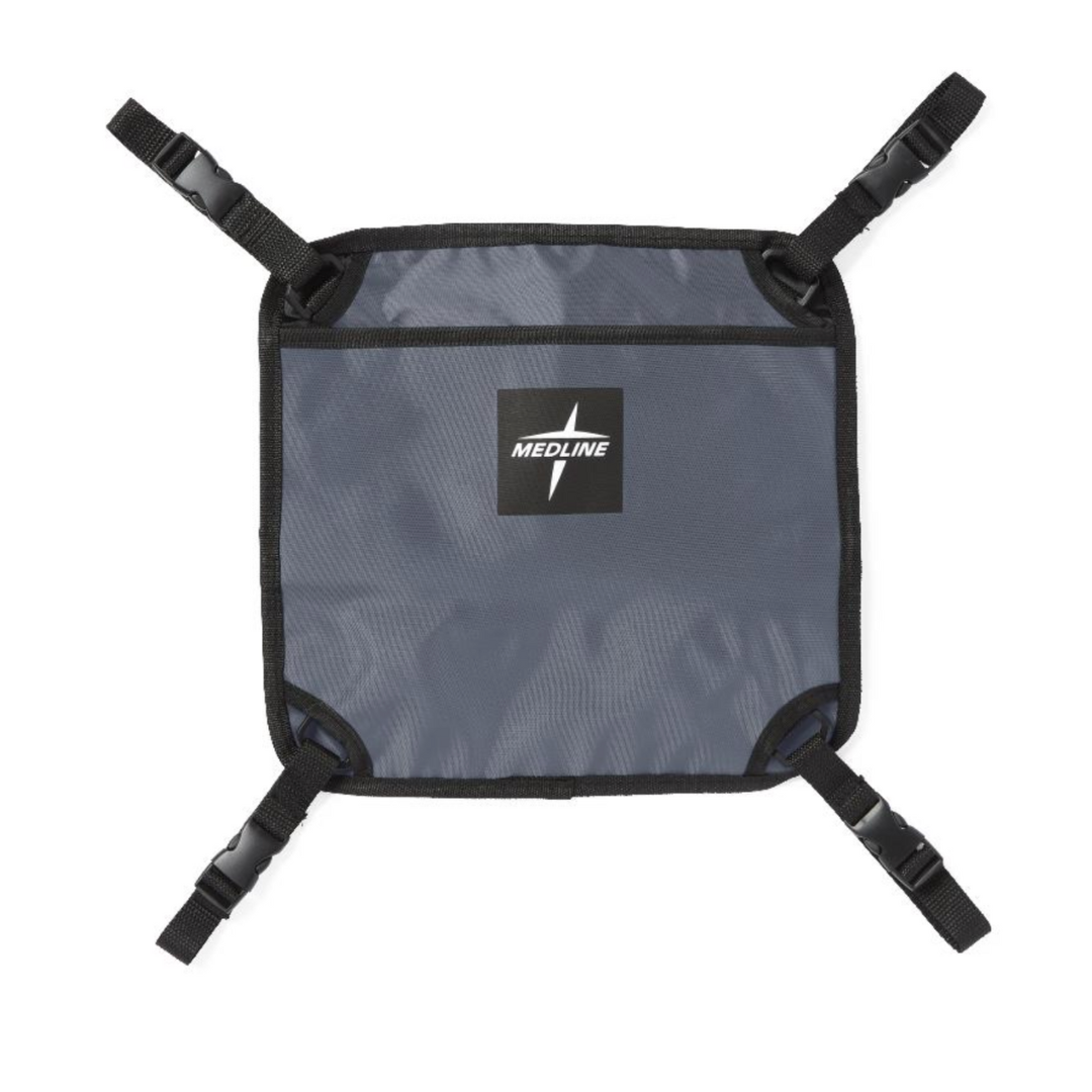 A Medline Rollator Hanging Storage Bag, with a padded square seat in dark gray and black edges, is shown on a white background. It features the Medline logo at the center and has four adjustable hook-and-loop straps ending in clips for secure attachment.